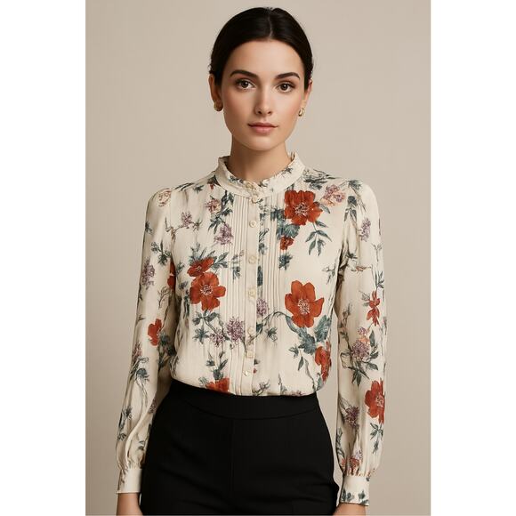 Kivari Womens ChiffonRuffle Collar Pleated Floral Feminine Blouse Size Small - Picture 12 of 12